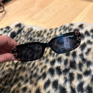 Ed Hardy Black Sunglasses with Heart Accents